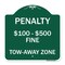 Signmission Penalty $100-$500 Fine Tow-Away Zone, Green & White Aluminum Sign, 18" x 18", GW-1818-23334 A-DES-GW-1818-23334 - alternate 1